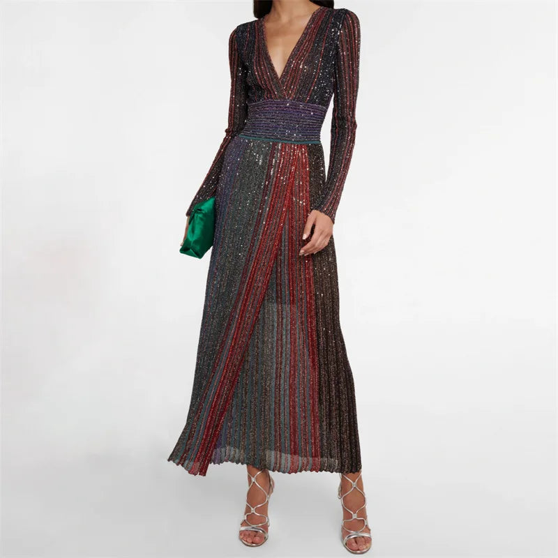 Womens dresses New elastic knitted V-neck long dresses for summer 2025 Waist cinching slim midi dresses striped party dresses