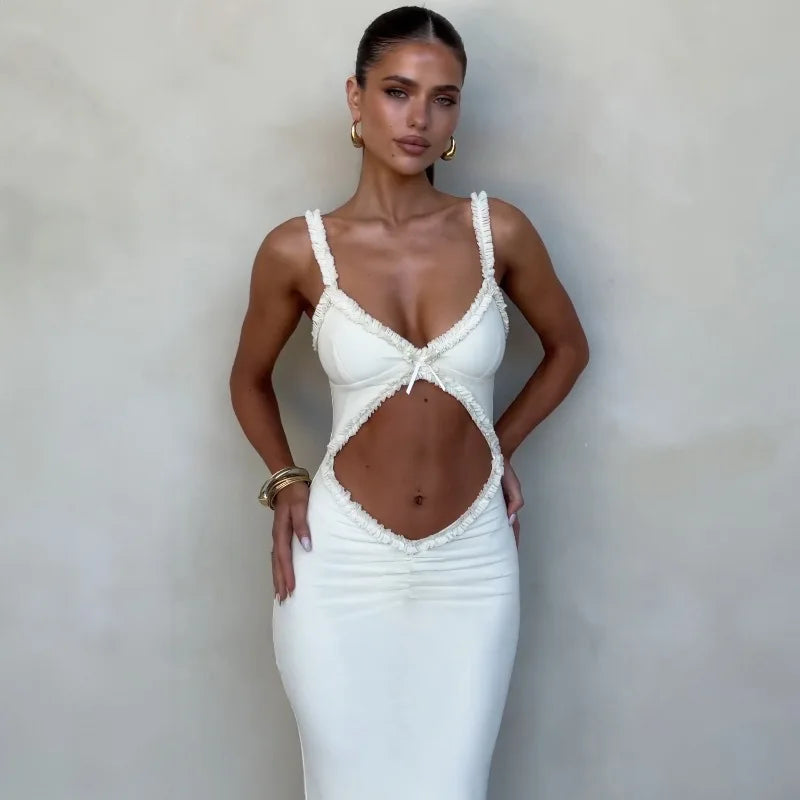 Backless Hollow Out Sexy Party Dress Women Spaghetti Strap 2024 Summer Dress Elegant Maxi Long Slim Bodycon Dresses