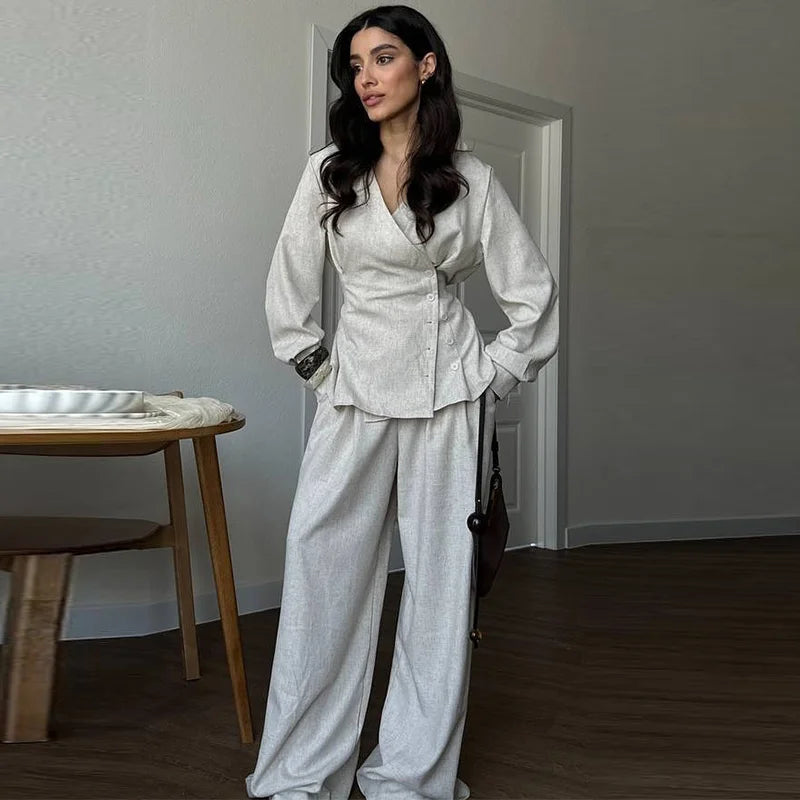 Casual Side Single-breasted Shirt Pants Suit Women Slim Waist-Closed V-neck Full Sleeve Top Wide Leg Trouser 2025 Autumn New Set