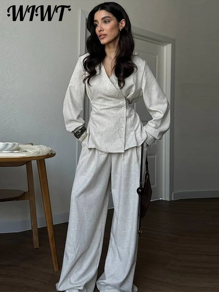 Casual Side Single-breasted Shirt Pants Suit Women Slim Waist-Closed V-neck Full Sleeve Top Wide Leg Trouser 2025 Autumn New Set