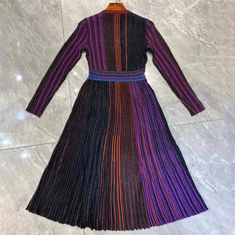 Womens dresses New elastic knitted V-neck long dresses for summer 2025 Waist cinching slim midi dresses striped party dresses