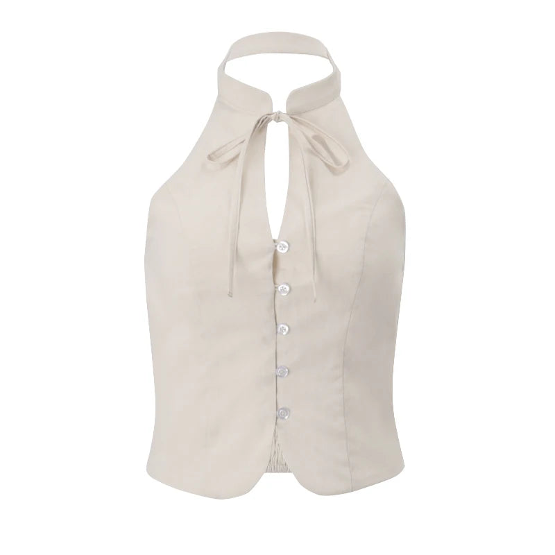 Candyhot Retro Sleeveless Buttons O Neck Lace Up Backless Tank Top Y2K Summer Fashion Sweet Daily Outdoor New All-Match Vest