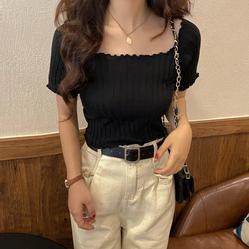 ITOOLIN Women Knitted Ruffles Hem Tops Cute Crop Tops Off Shoulder T-shirts Summer For Women Short Sleeve T-shirts 2023