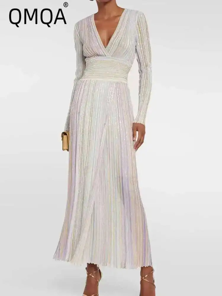 QMQA Fashion Women's Gradient Stripes Design Dresses V Neck High Waist Long Sleeve Elegant Party Dress Female Spring New 1A116