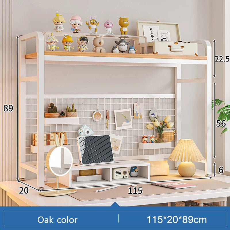 Bookcase With Grid Bookshelf Desktop Multi-layer Wrought Iron Shelf Student Computer Desk Table Hole Board Table Wooden Shelves