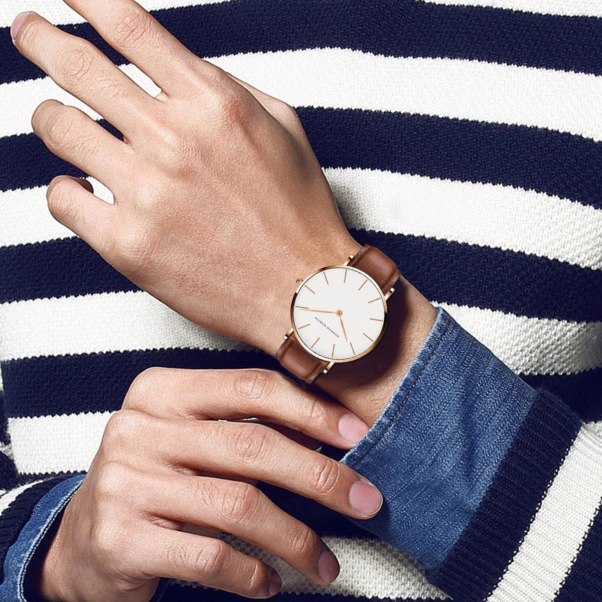 Dropshipping High Quality Rose Gold Dial Watch Men Leather Waterproof Wristwatch Women Dress Fashion Brand Quartz Movement Saat