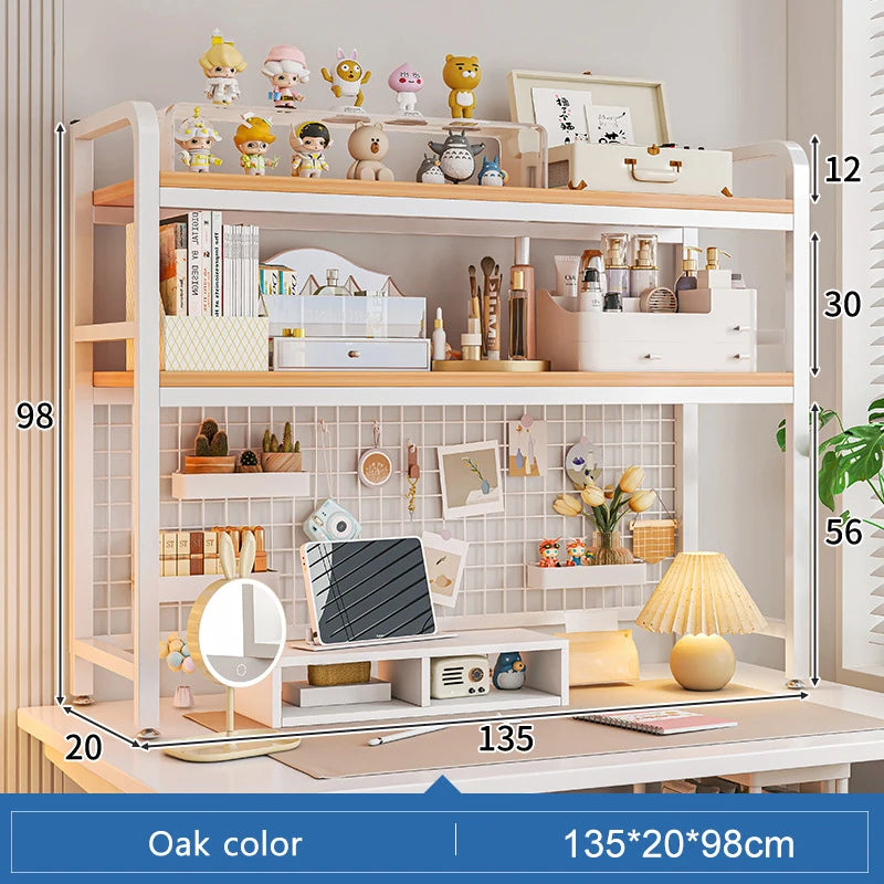 Bookcase With Grid Bookshelf Desktop Multi-layer Wrought Iron Shelf Student Computer Desk Table Hole Board Table Wooden Shelves
