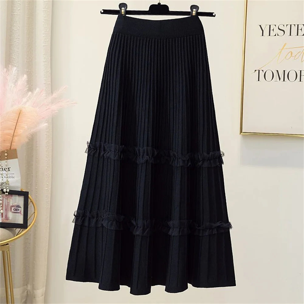 Lace Ruffle Mesh Patchwork Knitted Midi Pleated Skirt Women 2024 Autumn Winter High Waist Umbrella Solid Skirt A-Line Long Skirt