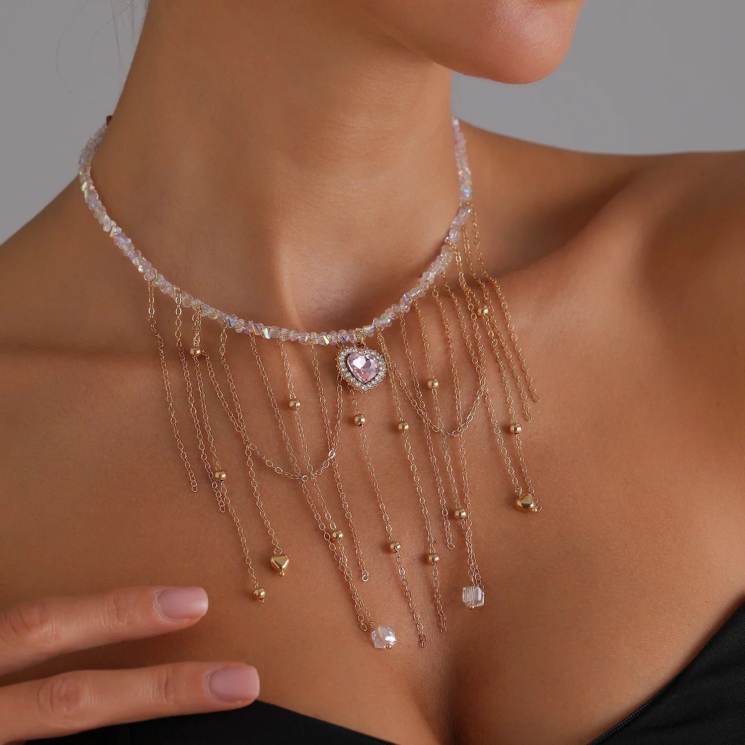 Y2k Choker Heart Necklace Pendant Chain Jewellery Women чокер Glass Layered Neck Collier Femme Cadenas Para Mujer
