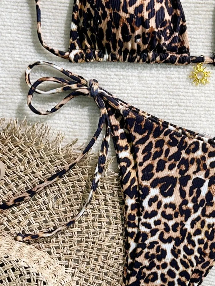 Summer Sexy Leopard Print Bikini Set Women Halter Neck Swimwear High Cut Triangle Top Hot Beachwear Trendy Bathing Suit New
