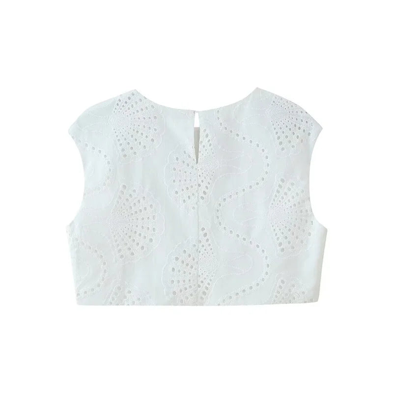 ETJ 2025 new TRAF women's elegant and gentle hollow embroidery round neck jacket & high waist slit skirt fashion casual suit