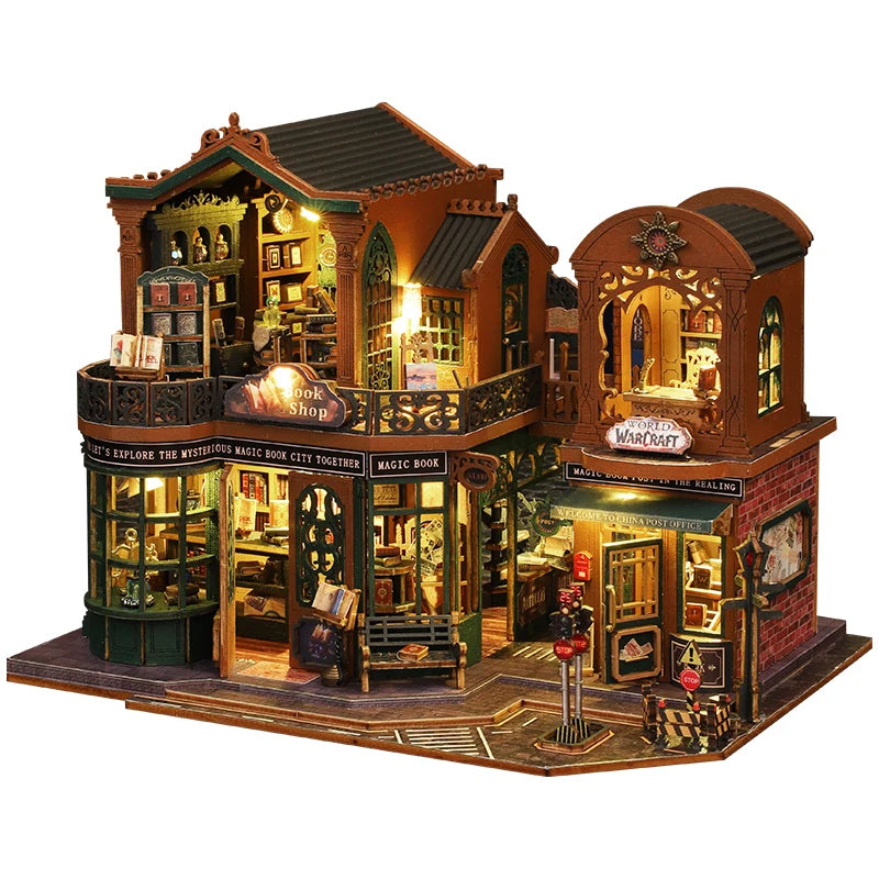 2014 DIY Big Doll House Wooden Miniature Furniture Twilight Bookstore Dollhouse Handmade home Model Assembly Toys Birthday Gifts