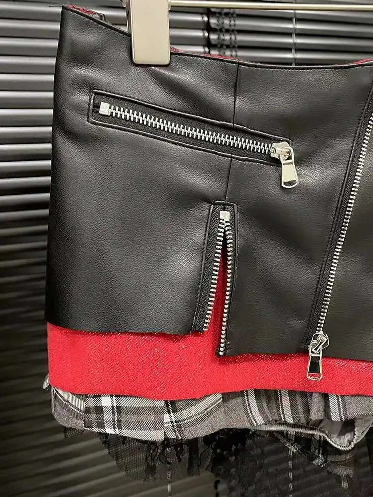 DEAT Fashion Trendy Women's Patchwork Plaid Design Pleated Mini Skirts 2024 Summer New High Waist A-line Skirt Female 29L7565