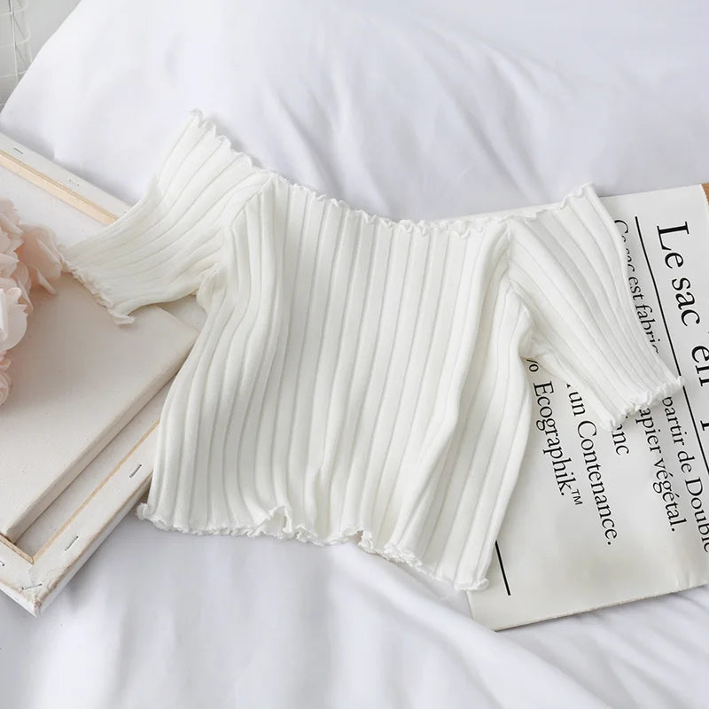 ITOOLIN Women Knitted Ruffles Hem Tops Cute Crop Tops Off Shoulder T-shirts Summer For Women Short Sleeve T-shirts 2023
