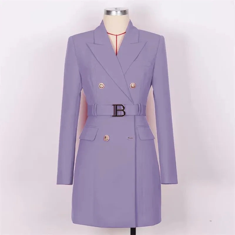 French Elegant Long Sleeve Suit Dress Waist-Cinching Short Size Professional Double-Buttoned Belted Coat for Spring