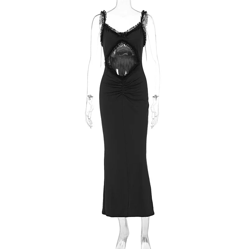 Backless Hollow Out Sexy Party Dress Women Spaghetti Strap 2024 Summer Dress Elegant Maxi Long Slim Bodycon Dresses