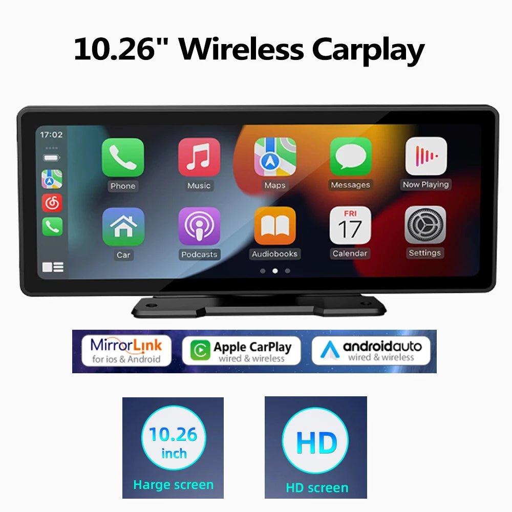 10.26" Car DVR with Wireless Carplay & Android Auto, HD GPS Navigation, 2.4G/5G WiFi, FM, AUX, MP5 Multimedia Video Player