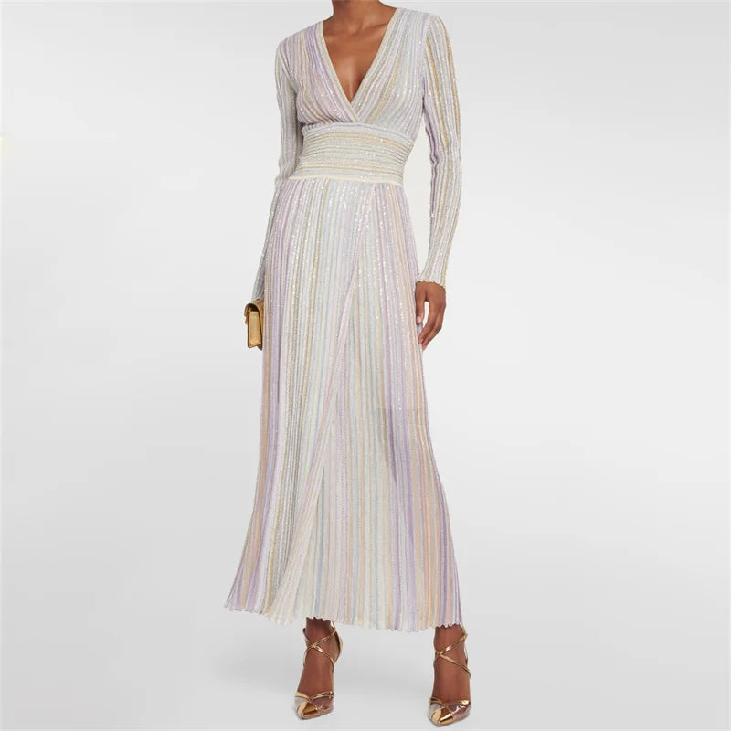 Womens dresses New elastic knitted V-neck long dresses for summer 2025 Waist cinching slim midi dresses striped party dresses