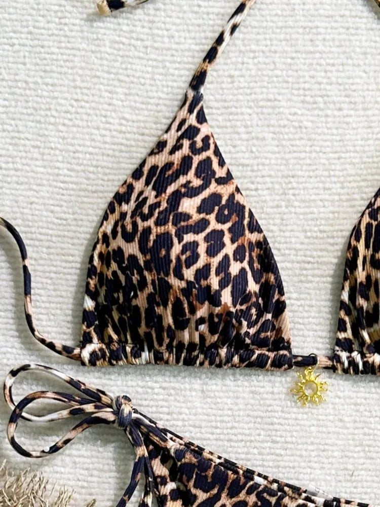 Summer Sexy Leopard Print Bikini Set Women Halter Neck Swimwear High Cut Triangle Top Hot Beachwear Trendy Bathing Suit New