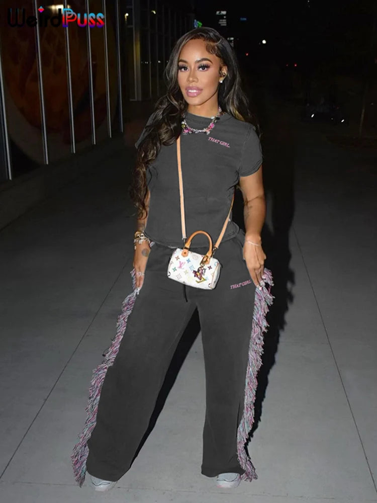 Weird Puss Casual Sporty 2 Piece Set Women Letter Embroidery Crop Tops+Side Tassel Straight Pants Matching Streetwear Tracksuits