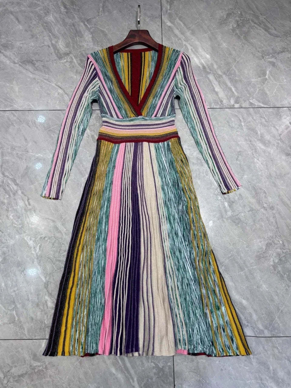 Autumn New Women's Dress High Quality V-neck Long Sleeve Striped Metal Line Luxury Ball Formal Women's Evening Dress