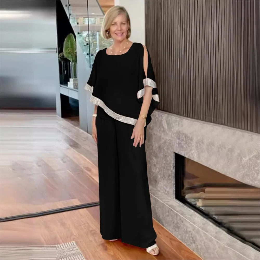 Fashion Splicing Sequin Color Matching Bat Shirt Women's Suit Spring Autumn Simple Elegant Female Wide Leg Trousers 2 Piece Set
