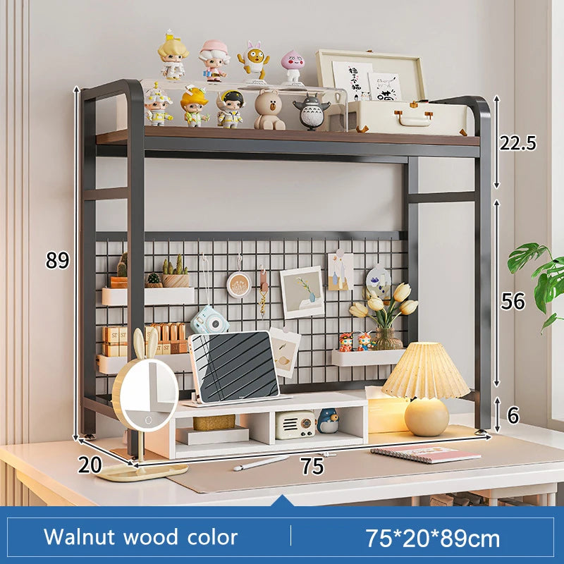 Bookcase With Grid Bookshelf Desktop Multi-layer Wrought Iron Shelf Student Computer Desk Table Hole Board Table Wooden Shelves