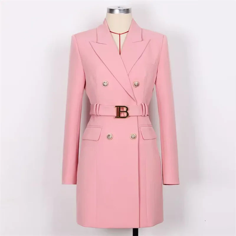 French Elegant Long Sleeve Suit Dress Waist-Cinching Short Size Professional Double-Buttoned Belted Coat for Spring
