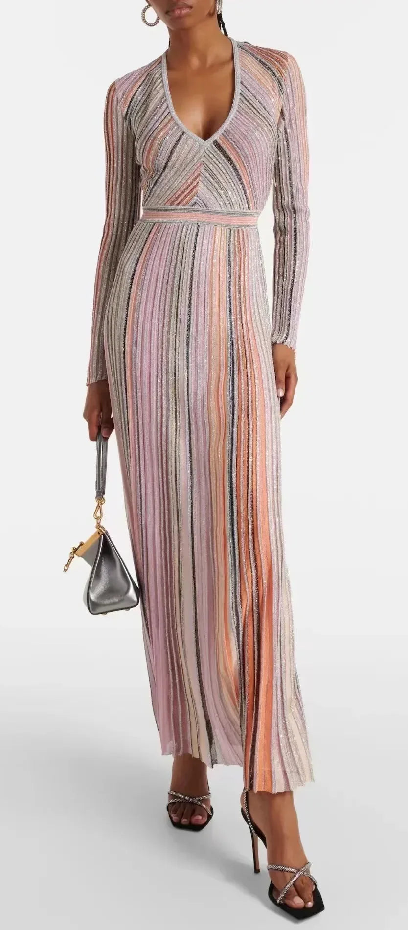 Autumn New Women's Dress High Quality V-neck Long Sleeve Striped Metal Line Luxury Ball Formal Women's Evening Dress