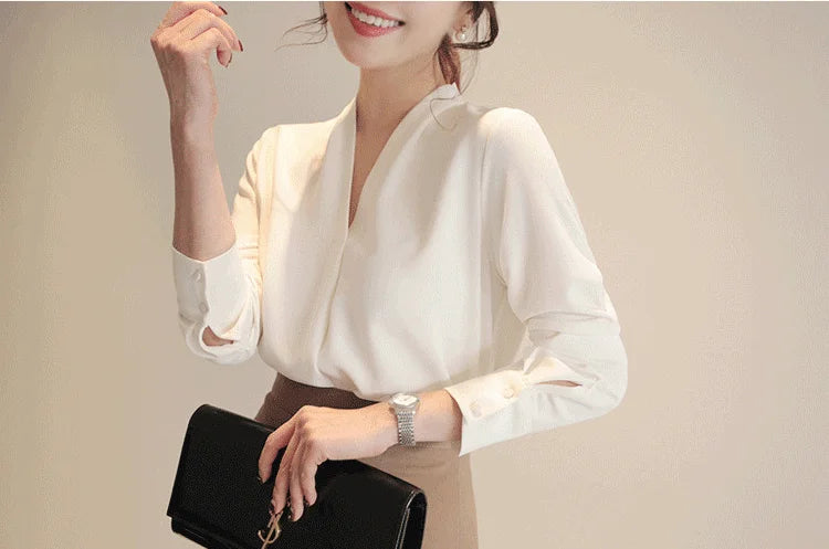 Spring Korean Style  Long Sleeve Shirt New Fashion Elegant White Chiffon Blouse Office-lady Loose Socialite Womens Tops 9382 50