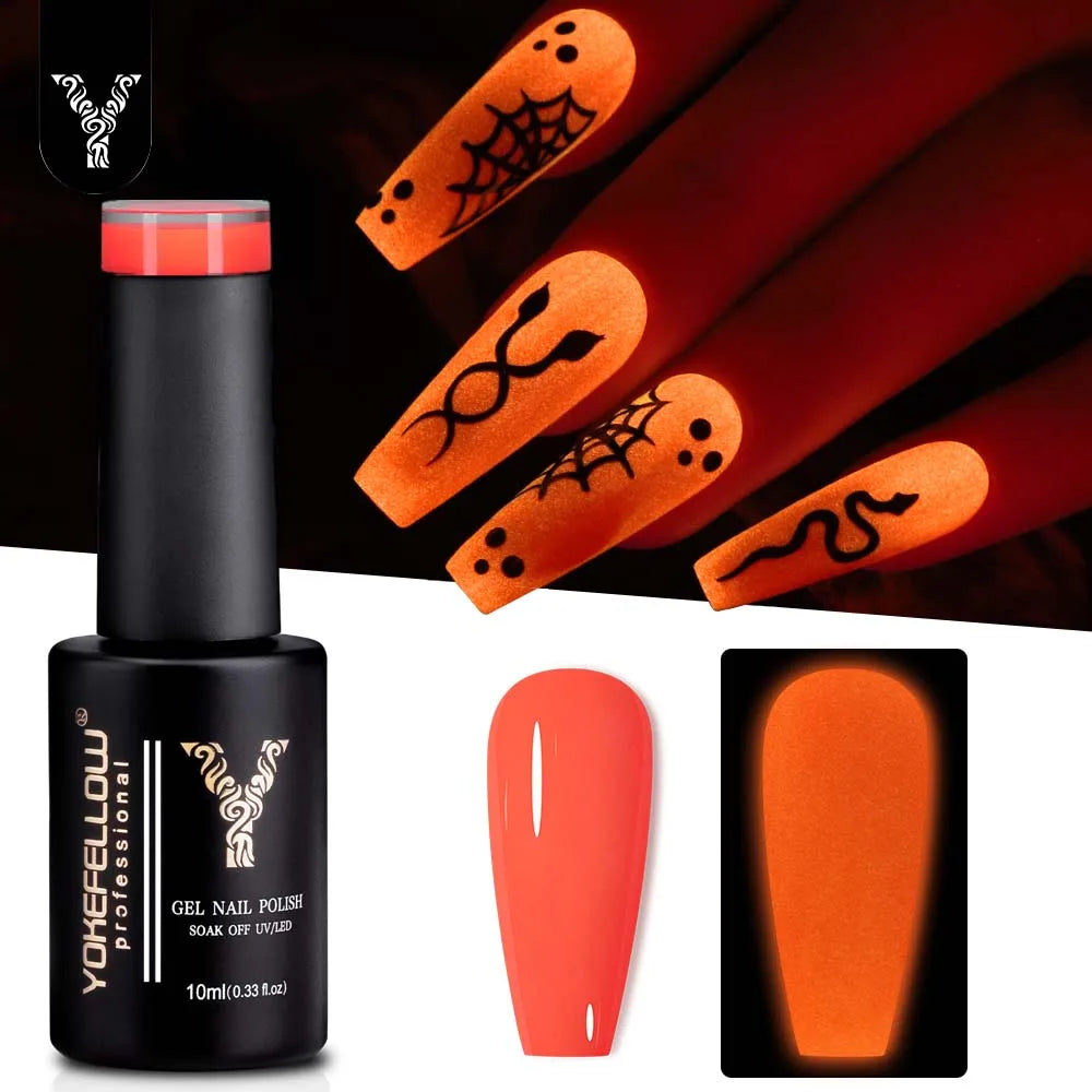 YOKEFELLOW Glow in the Dark Gel Nail Polish 10ML Orange Fluorescent Neon Luminous Gel Polish Nail Art for Halloween Women Girls