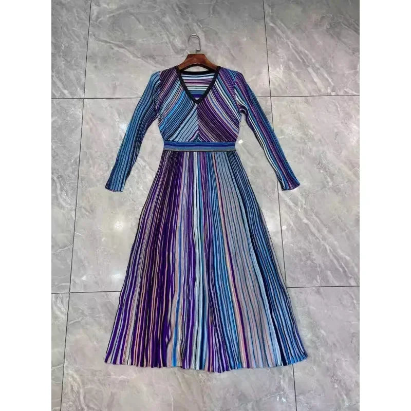 Autumn New Women's Dress High Quality V-neck Long Sleeve Striped Metal Line Luxury Ball Formal Women's Evening Dress