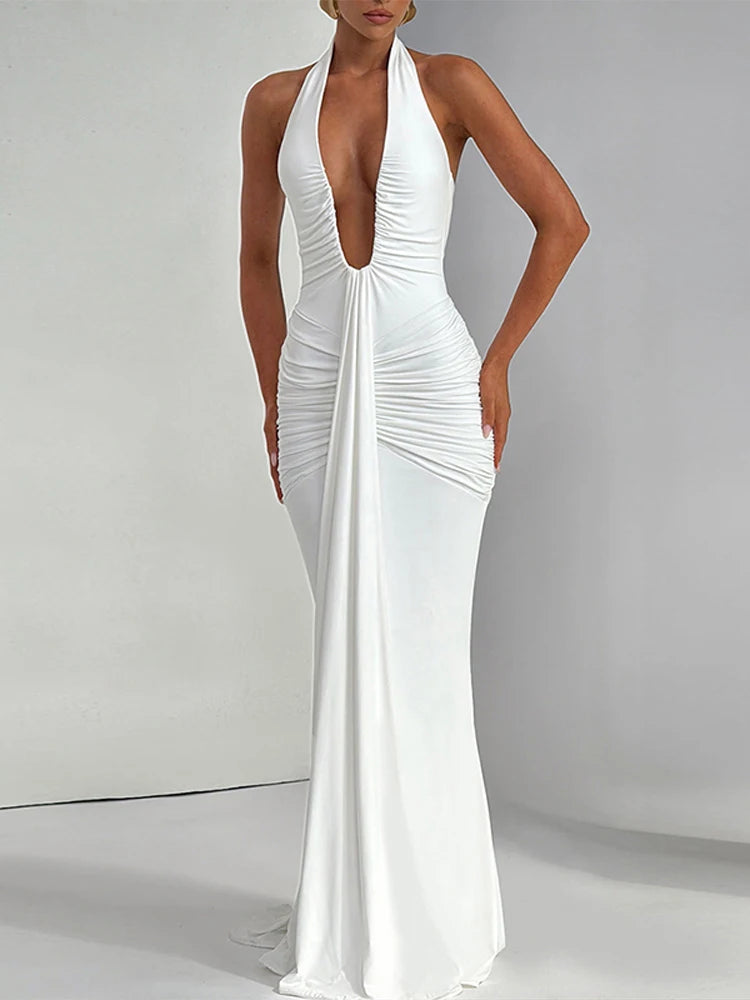 Sexy Deep V-neck Backless Halter Maxi Dresses Women's Sleeveless High Waist Bodycon Pleated Robe 2025 New Evening Party Gown