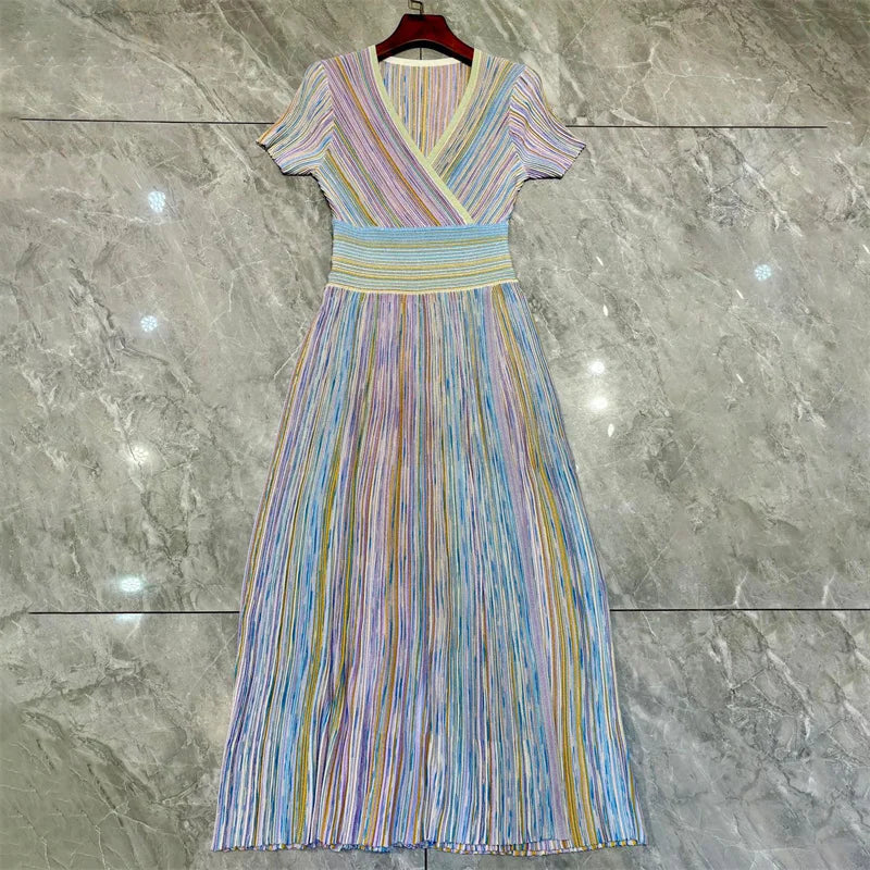 Womens dresses New elastic knitted V-neck long dresses for summer 2025 Waist cinching slim midi dresses striped party dresses