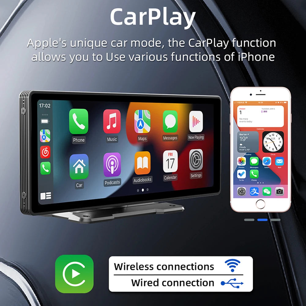 10.26" Car DVR with Wireless Carplay & Android Auto, HD GPS Navigation, 2.4G/5G WiFi, FM, AUX, MP5 Multimedia Video Player