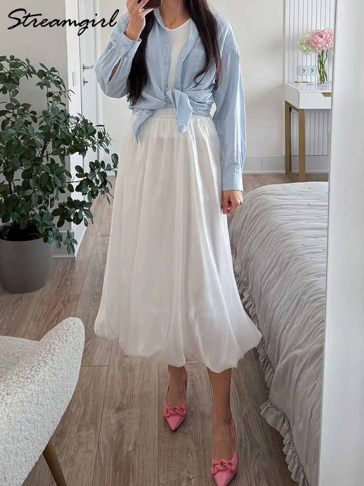 Midi Balloon Skirt Women Luxury Yarn Bright Silk Bubble Skirt For Ladies Spring Summer High Waist Women White Umbrella Skirts