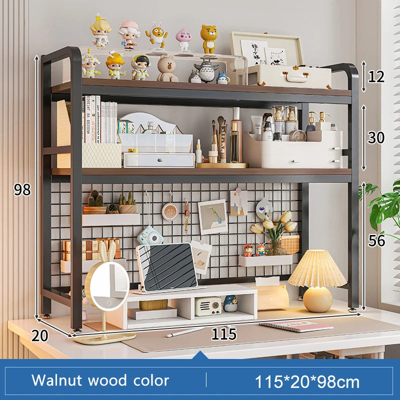 Bookcase With Grid Bookshelf Desktop Multi-layer Wrought Iron Shelf Student Computer Desk Table Hole Board Table Wooden Shelves