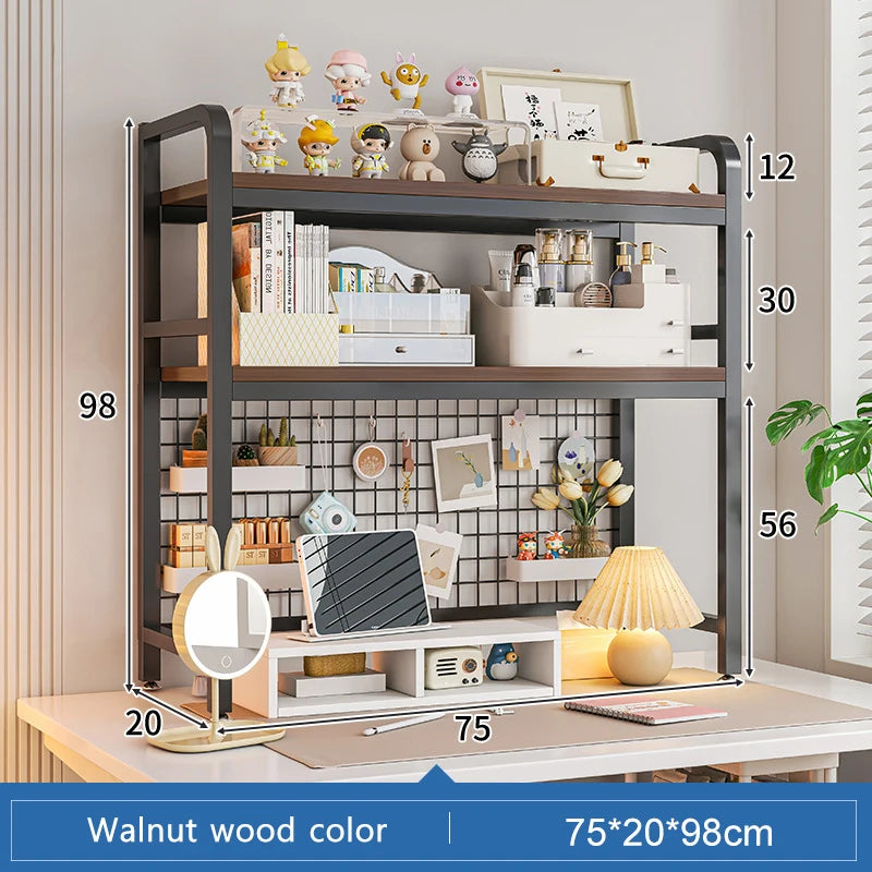 Bookcase With Grid Bookshelf Desktop Multi-layer Wrought Iron Shelf Student Computer Desk Table Hole Board Table Wooden Shelves
