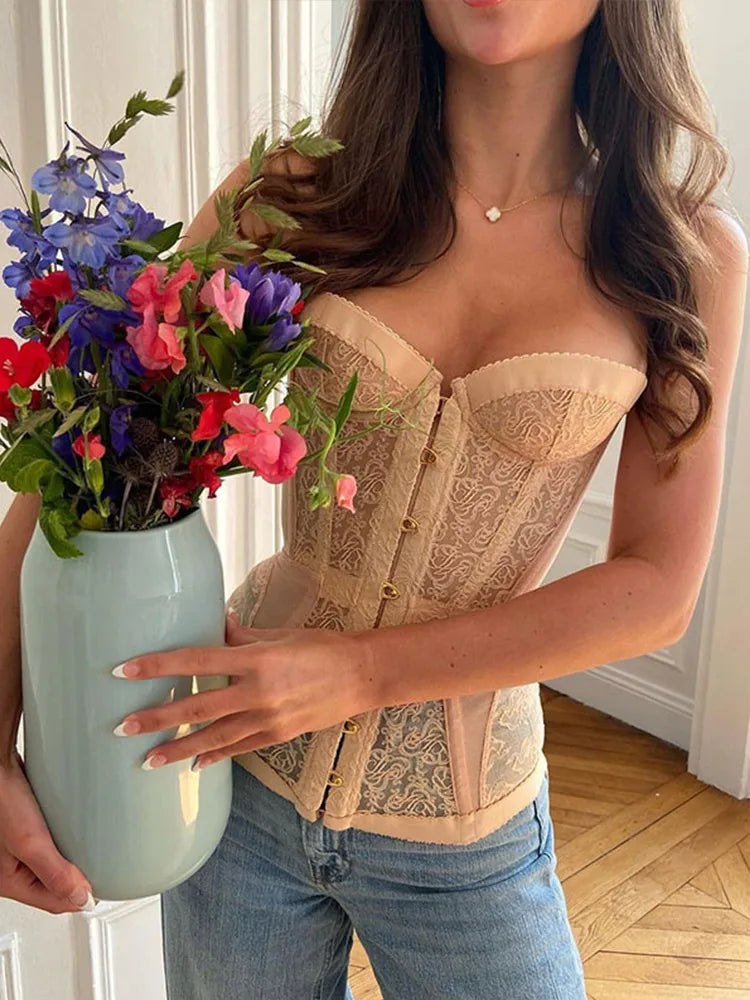 Sexy Lace Hollow Out Vest Women Bandage Slim Waist  Strapless See Through Party tank Top Summer Lady Chic Street Vests