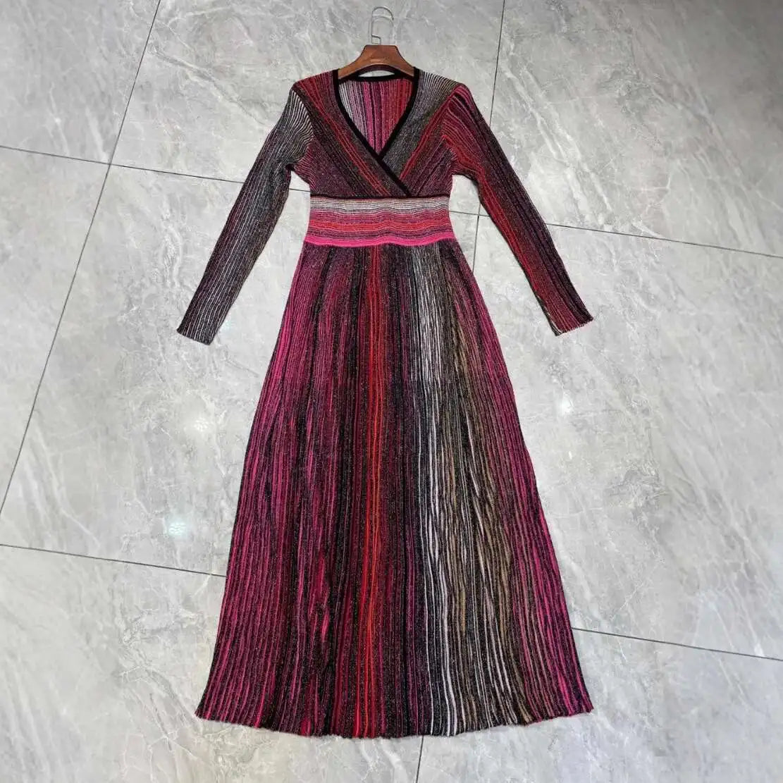 QMQA Fashion Women's Gradient Stripes Design Dresses V Neck High Waist Long Sleeve Elegant Party Dress Female Spring New 1A116