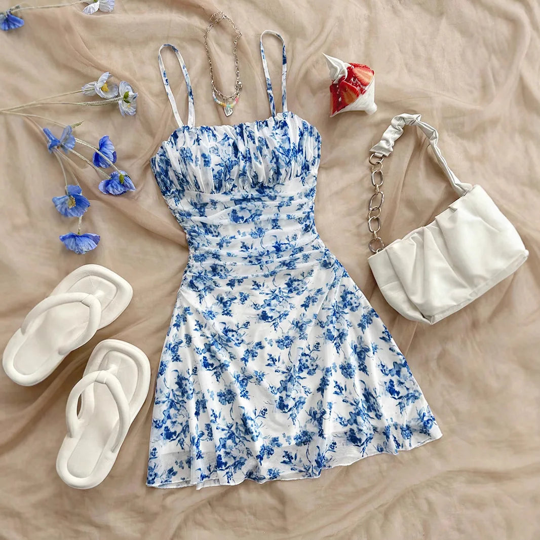 Summer Womens Fashionable Printed Sexy Pleated Dress 2025 Elegant Women's Vacation Style Backless Suspender Beach Mini Vestidos