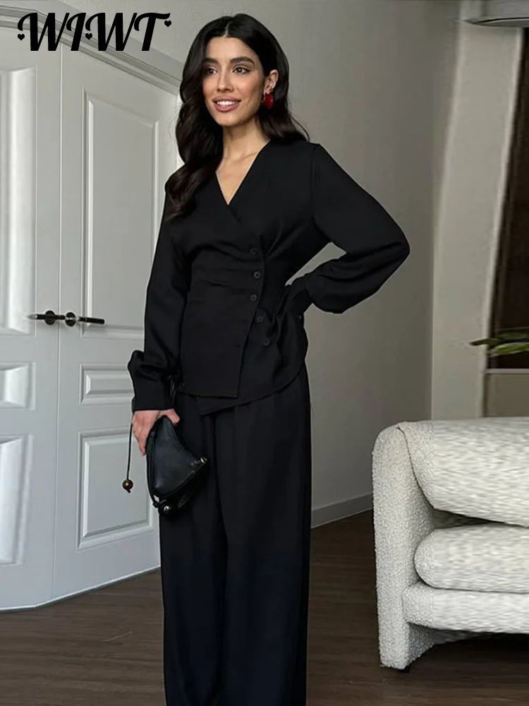 Casual Side Single-breasted Shirt Pants Suit Women Slim Waist-Closed V-neck Full Sleeve Top Wide Leg Trouser 2025 Autumn New Set
