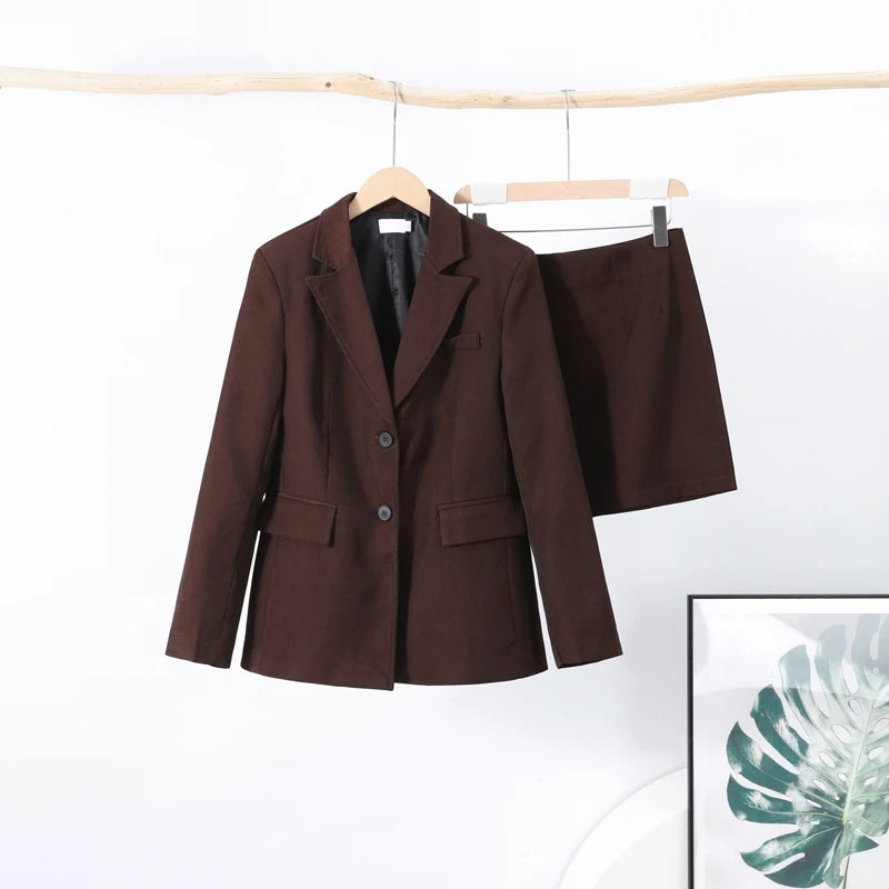 Urban Solid Coat Skirt Women Set Casual Lapel Long Sleeve Single Button Pocket Outwear Sexy Skirt 2025 Vintage Lady Outfit