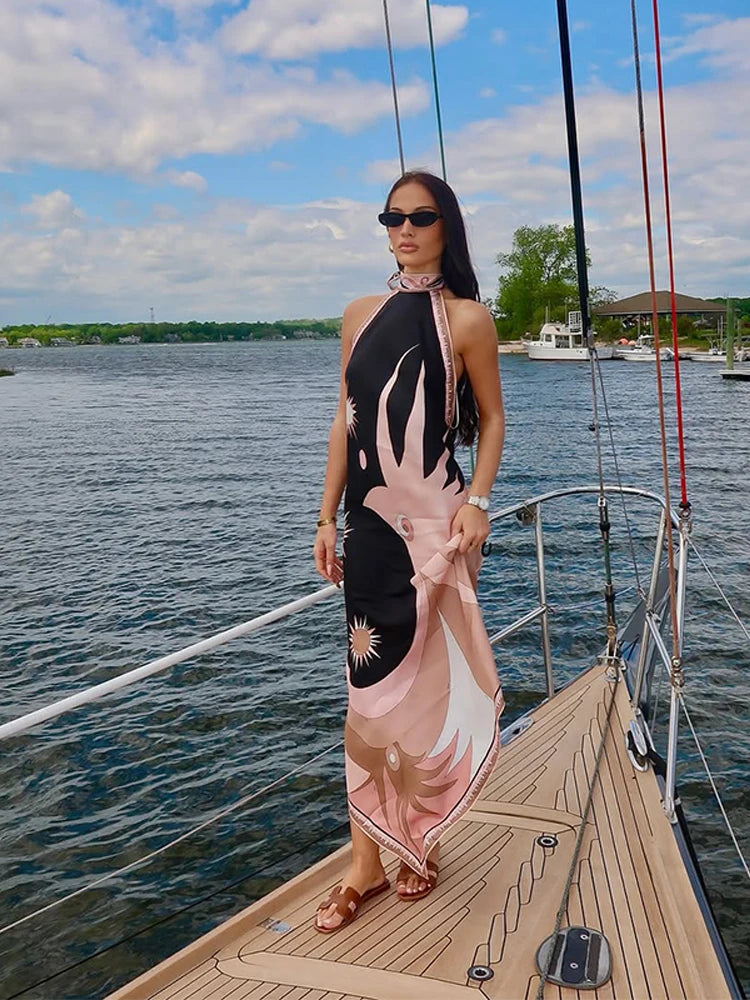 Sexy Backless Print Dress Women Sleevless Halter Irregular Hem Female Party Dresses 2025 Summer Street Lady Ankle-length Robe