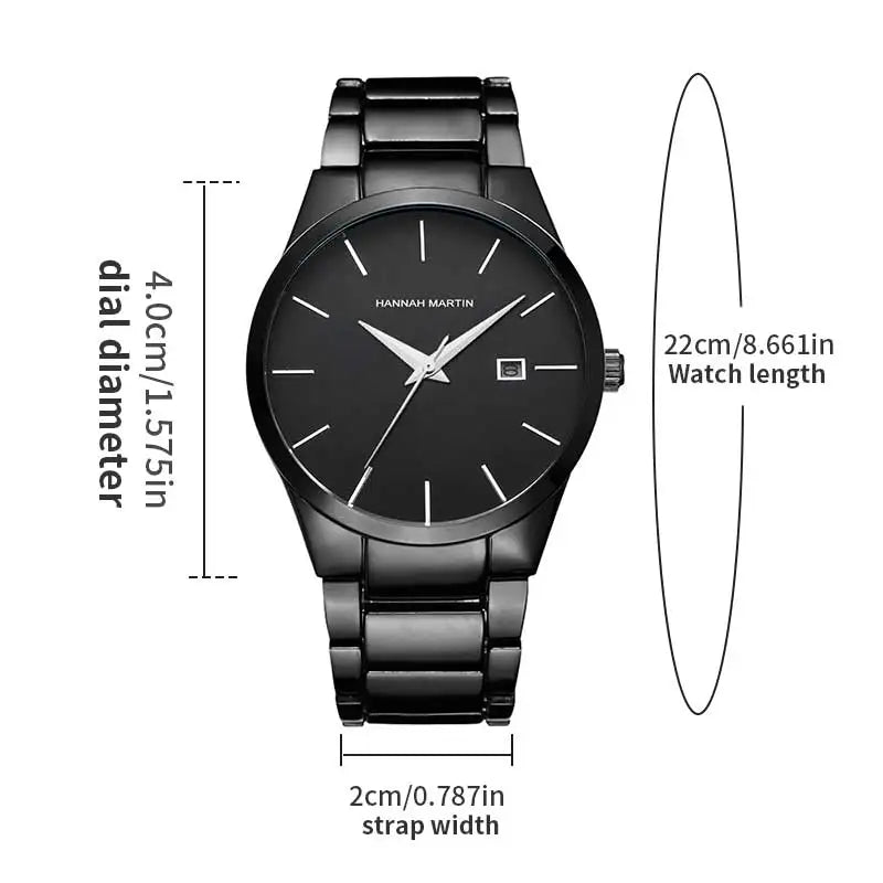 HANNAH MARTIN Men Watch 40mm Stainless Steel Quartz Fashion Business Full Black 3Bar Waterproof Sports Calendar Wristwatch reloj