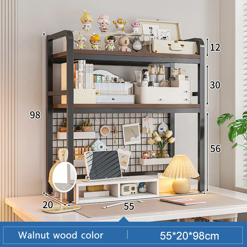 Bookcase With Grid Bookshelf Desktop Multi-layer Wrought Iron Shelf Student Computer Desk Table Hole Board Table Wooden Shelves