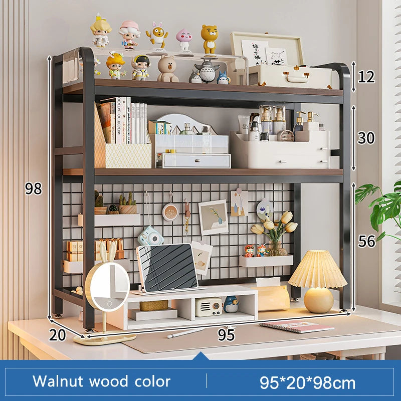 Bookcase With Grid Bookshelf Desktop Multi-layer Wrought Iron Shelf Student Computer Desk Table Hole Board Table Wooden Shelves