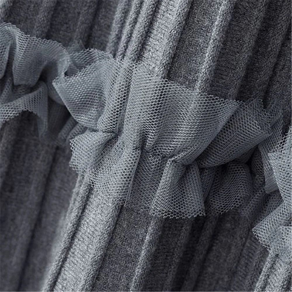 Lace Ruffle Mesh Patchwork Knitted Midi Pleated Skirt Women 2024 Autumn Winter High Waist Umbrella Solid Skirt A-Line Long Skirt