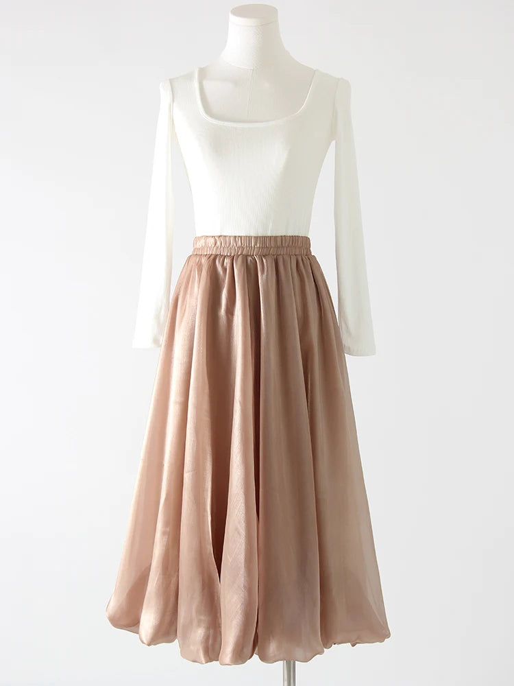 Midi Balloon Skirt Women Luxury Yarn Bright Silk Bubble Skirt For Ladies Spring Summer High Waist Women White Umbrella Skirts