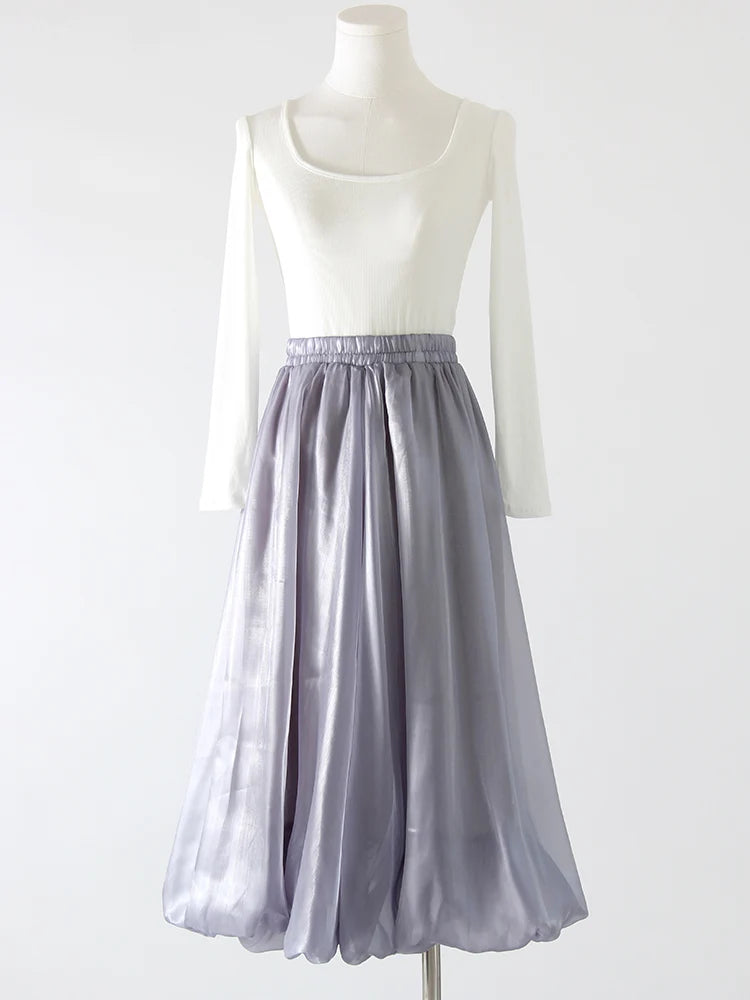 Midi Balloon Skirt Women Luxury Yarn Bright Silk Bubble Skirt For Ladies Spring Summer High Waist Women White Umbrella Skirts
